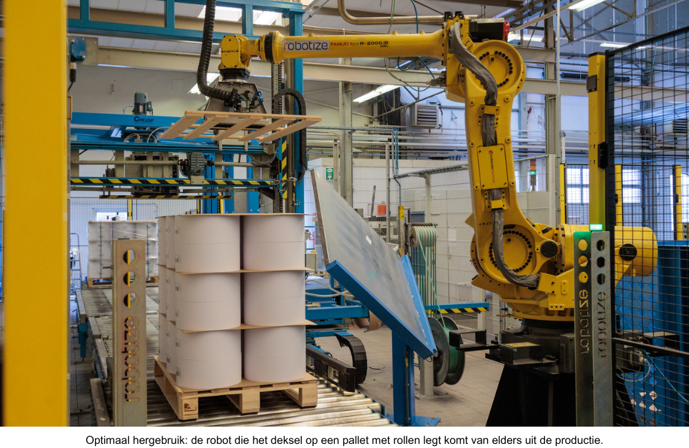 Optimaal hergebruik: de robot die het deksel op een pallet met rollen legt komt van elders uit de productie.